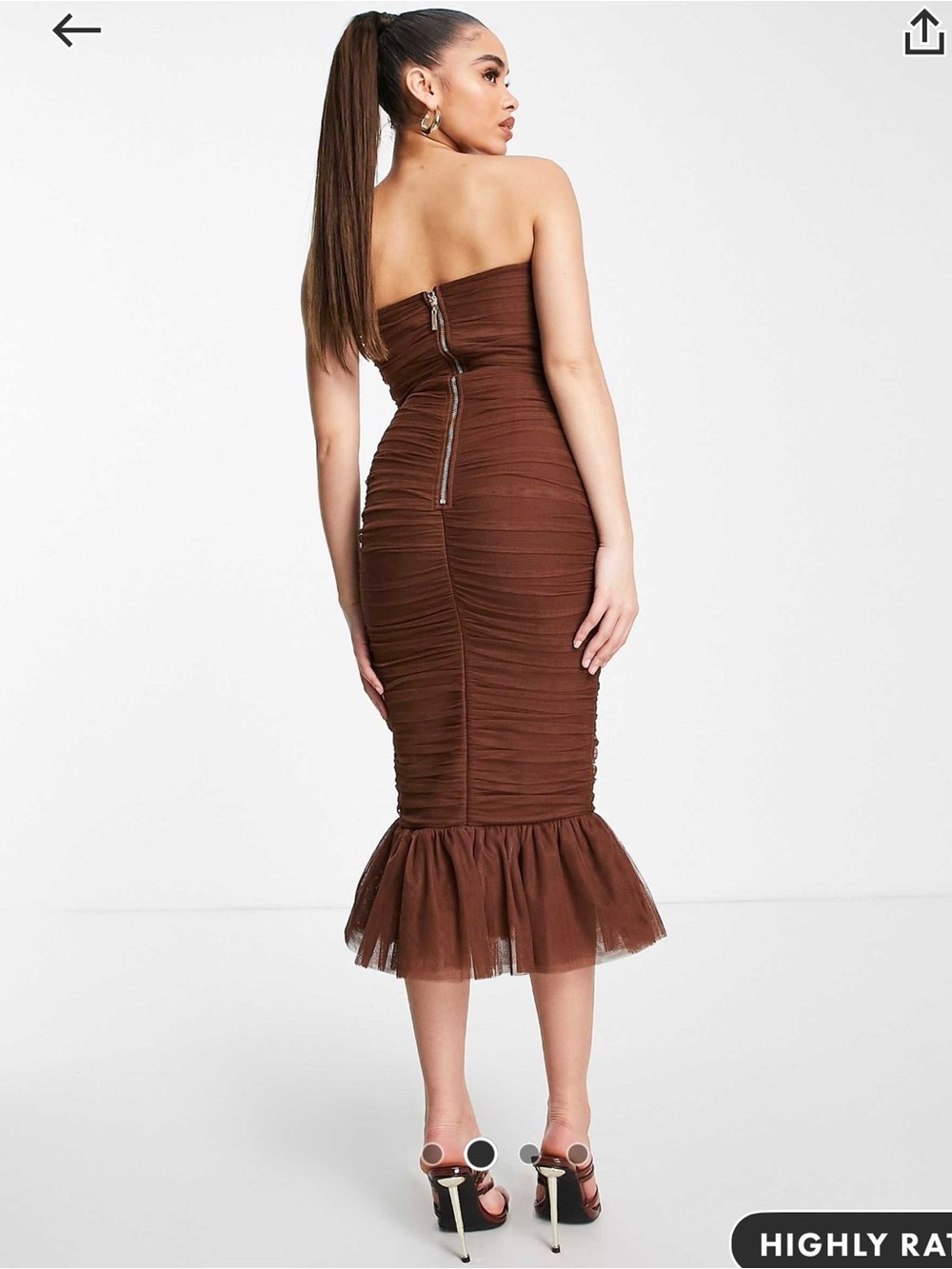 Rare London Strapless Ruched Mermaid Midi Dress in Brown